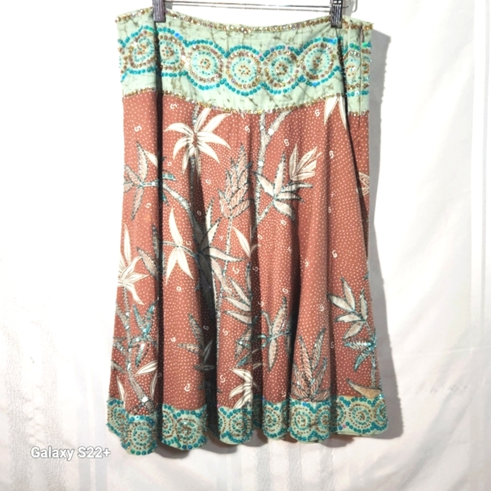 HEAVEN BLEU  TEAL/BROWN SEQUENCE FLORAL  MIDI SKIRT SIZE LARGE